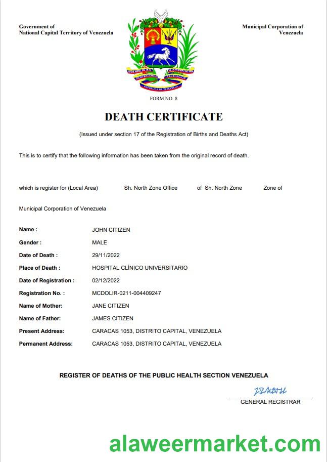 Venezuela vital record death certificate Word and PDF template
